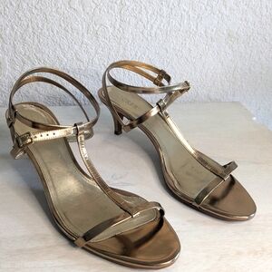J. Crew Bronze Leather Sandal Heels Made In Italy T Strap 2.5" Height Size 11